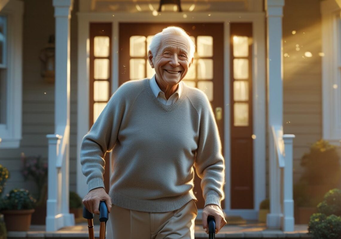 An elderly patient returns home from the hospital because of innovative health solutions.