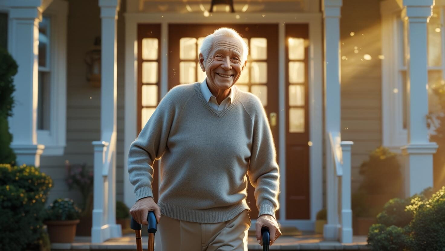 An elderly patient returns home from the hospital because of innovative health solutions.