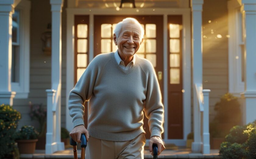 An elderly patient returns home from the hospital because of innovative health solutions.